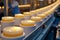Rows of skincare cream jars on a factory production line, showing the automation process in manufacturing., suitable for