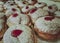 Rows of Sweet Hanukkah donuts in the backery shelf.Hanukkah cele