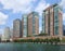 Rows of tall condos lining Chicago`s Riverfront.