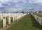 Rows of tombs at Bard Cottage Cemetery in Ypres, Flanders, Belgium - Landscape.