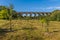 Rows of trees point towards the Chappel Viaduct near Colchester, UK