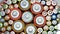 Rows of used alkaline AA, AAA, D batteries. Lithium ion battery pack close up