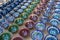 Rows of uzbek cups with traditional uzbekistan ornament, Bukhara