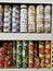 Rows of variety canned food product on shelves