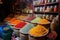 rows of vibrant spices and herbs in a spice market