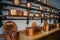 Rows of vintage copper pans in different size on a shelf