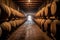 rows of whiskey barrels aging in oak casks