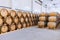 Rows of wine and cognac wooden barrels in the basement of modern winery. Process of aging and