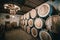 Rows of wine wooden barrels in the cellar of modern winery. Process of aging and fermentation of an