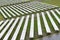 Rows of wooden benches on hillside of outdoor concert area