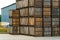 rows of wooden crates, crates and pallets for storing and transporting fruits and vegetables in the warehouse. production