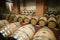 Rows of wooden wine barrels