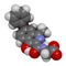 Roxadustat drug molecule. 3D rendering. Atoms are represented as spheres with conventional color coding: hydrogen white, carbon