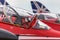 Royal Air Force Pilot in the cockpit of a Red Arrows British Aerospace Hawk T.1 jet trainer aircraft.