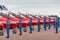 Royal Air Force RAF Red Arrows ground crew members give directions to the pilots in their British Aerospace Hawk T.1 jet trainer