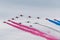 Royal Air Force Red Arrows flying in formation with the leaders of formations teams The Breitling jet Team, Frecce Tricolori,