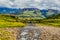 Royal amphitheatre of Drakensberg on a cloudy overcast day