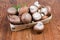 Royal champignon mushrooms in small wooden basket on rustic table