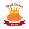Royal chicken label, logo. Hen, crown, ribbon. Cartoon flat style