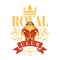 Royal club label. luxury badges template with cartoon king sitting on throne. Vector labels