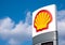 Royal Dutch Shell gas station signage, shell symbol sign closeup, detail, Shell brand logo, oil and gas company