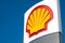 Royal Dutch Shell gas station signage shell symbol sign up close, detail Shell brand logo closeup, oil and gas company, worldwide