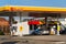 Royal Dutch Shell international oil and gas company logo on fuel station