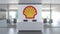 ROYAL DUTCH SHELL PLC logo in modern office and a meeting room, editorial conceptual 3D rendering