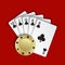 A royal flush of clubs with gold poker chip on red background