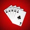A royal flush of clubs on red background, winning hands of poker