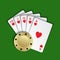 A royal flush of hearts with gold poker chip on green background