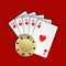 A royal flush of hearts with gold poker chip on red background