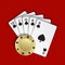 A royal flush of spades with gold poker chip on red background
