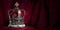 Royal golden crown with jewels on pillow on pink red background. Symbols of UK United Kingdom monarchy