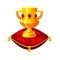 Royal Golden Cup on Red Velvet Pillow, vector icon. Trophy award cup, the gold prize champion wins victory