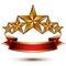 Royal golden symbolic five stylized glossy stars with red curvy