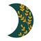 Royal green crescent moon phase with golden lace floral ornament. Design element for logos icons. Vector illustration
