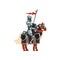 Royal knight sitting on horse with red flag and shield in hand. Brave warrior in steel shiny armor. Flat vector design