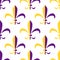 Royal lily heraldic emblem of mardi gras purple and yellow seamless pattern, vector