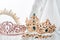 Royal luxury gold and silver crowns decorated with precious stones. Diamond tiaras with gemstones for prom and wedding