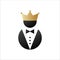 Royal man in tuxedo and bow tie with golden crown