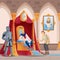 Royal people in castle scene. King sitting on throne, knight with sword guarding, poor man peasant asking in kingdom