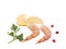 Royal prawns, several pomegranate berries, slices of lemon and a sprig of parsley. Isolated on white.