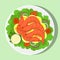 Royal shrimps with lemon slices, lettuce leaves, onion, tomatos, sauce. Vector flat illustration.