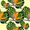 Royal Strelitzia. Tropical flowers, bird of paradise flower. Beautiful seamless floral jungle pattern background, exotic