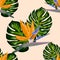 Royal Strelitzia. Tropical flowers, bird of paradise flower. Beautiful seamless floral jungle pattern background, exotic