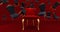 The royal throne in the room with falling black chair. Red carpet leading to the luxurious throne, Place for the king. Royal thron