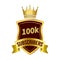 Royale 100k subscriber badge with golden color ribbon and golden king crown on white background, Dark and golden color shade with