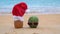 RPicture of pineapple wearing Santa Claus hat and green cheerful watermelon in sunglasses on the tropical beach. New Year and Chri