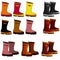 Rubber boots of different colors with a buckle